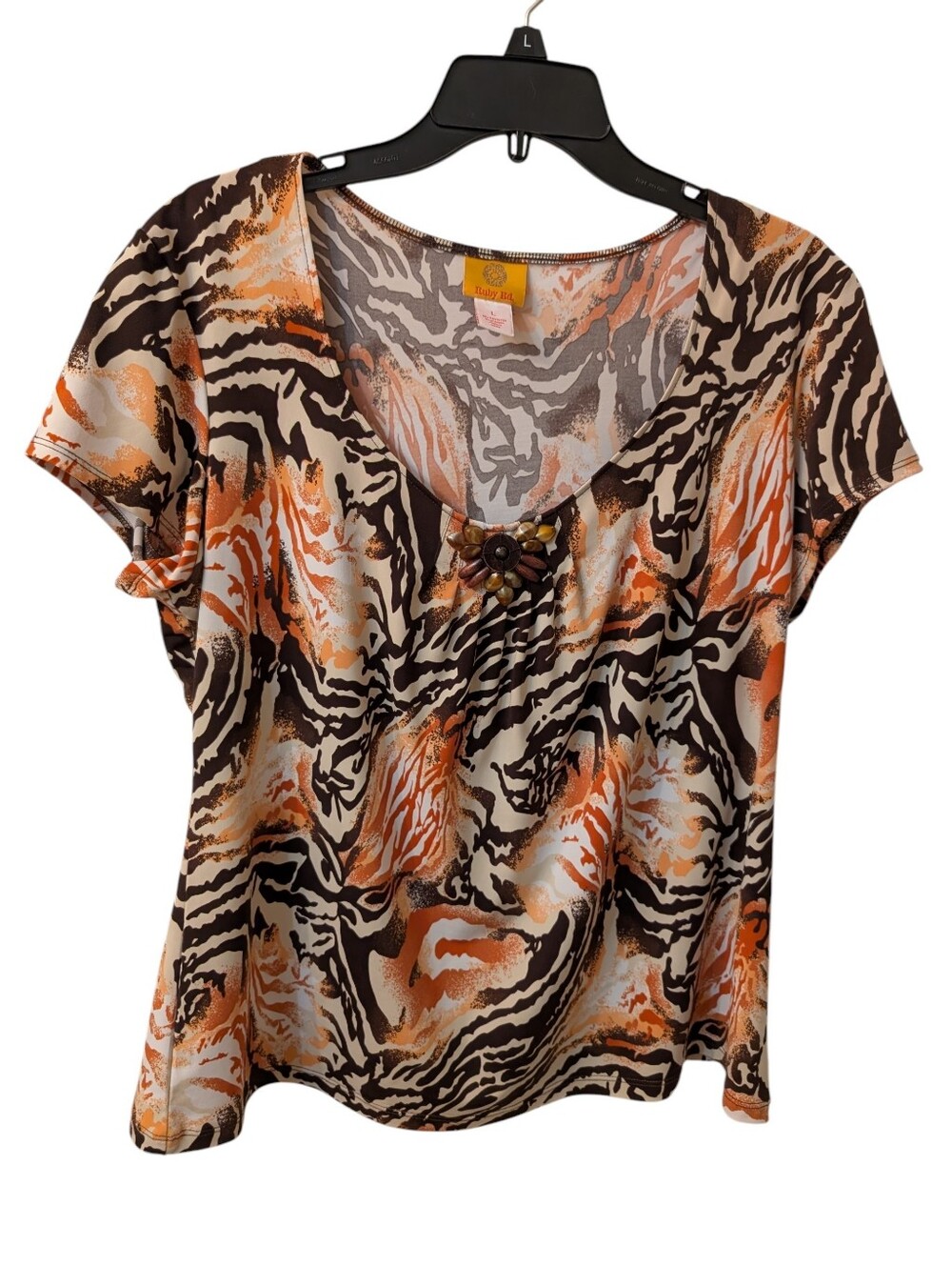Ruby Rd. Short Sleeve Round Neck Animal Print Top in Brown, Orange, Cream